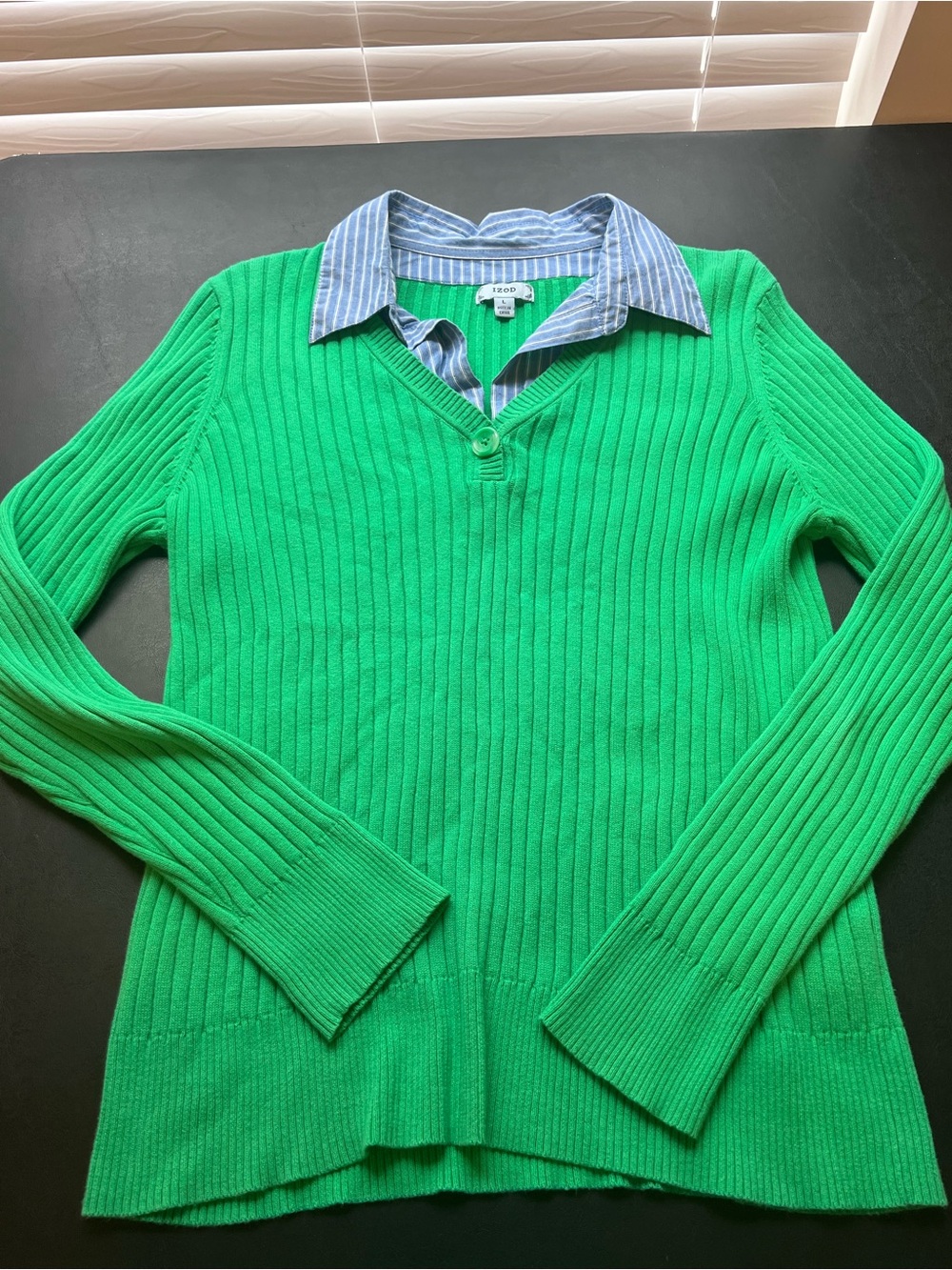 Izod Bright Green Ribbed V-Neck Sweater with Button Detail